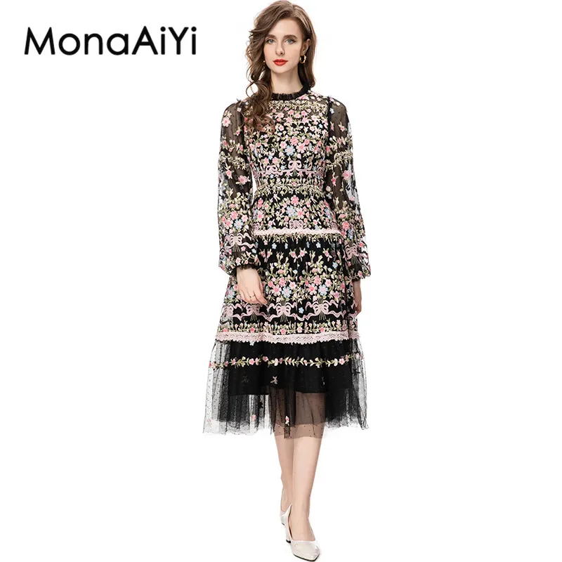 MonaAiYi Vintage Fashion Designer Dress Women's Mesh Embroidered Translucent Lantern Sleeve Slim Black Midi Dresses 2023 Newest