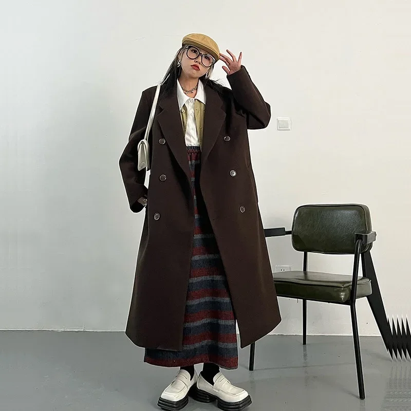 

Autumn Winter Women Elegant Long Caramel Color Imitation Woolen Coat Double-breasted Long Sleeve Casual Woolen-clothes Outerwear