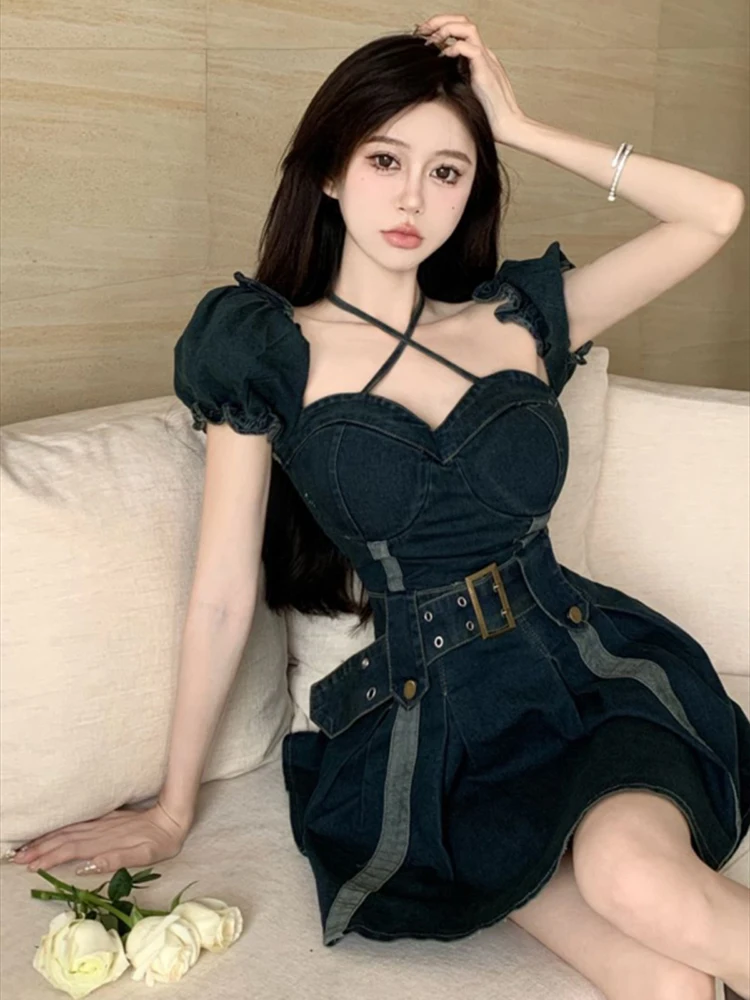 

Summer Vintage Women Patchwork Chest Wrapping Denim Camisole Dress , Woman Lady Fashion Pleated Spaghetti Strap Dresses