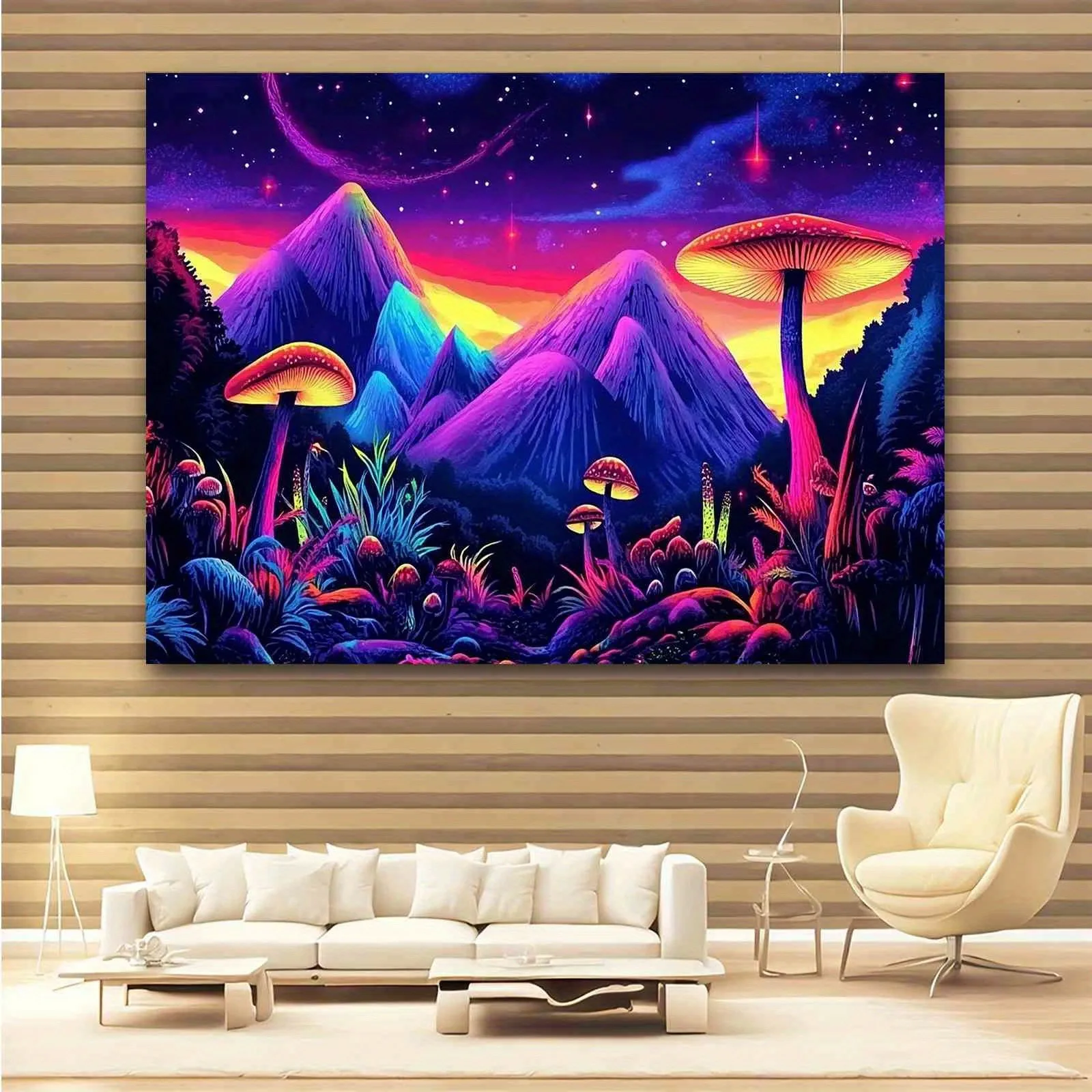 

Neon Mountain Night with Mushrooms Tapestry,UV tapestry wall hanging bedroom home party decoration