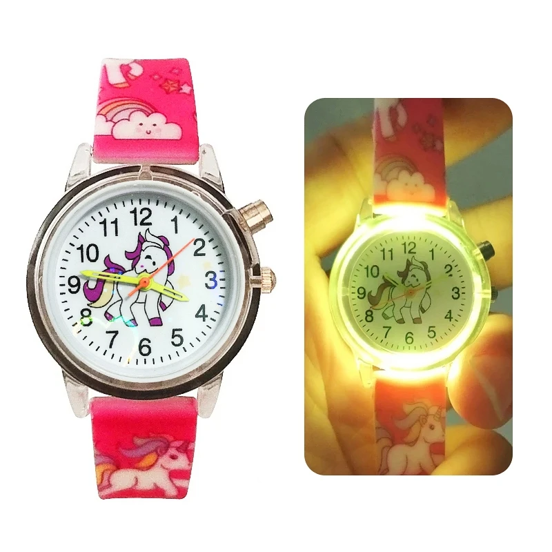 Flash Light Children Watches Cute Cartoon Unicorn Luminous Toy Kids Quartz Watch for Boys and Girls Birthday Gifts Clock