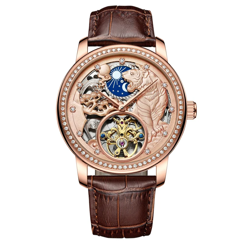 

Zodiac Tiger Classic Diamond Super Skeleton Tourbillon Watches Sapphire Glass Mechanical Watch Leather Clock AILANG Golden Tiger