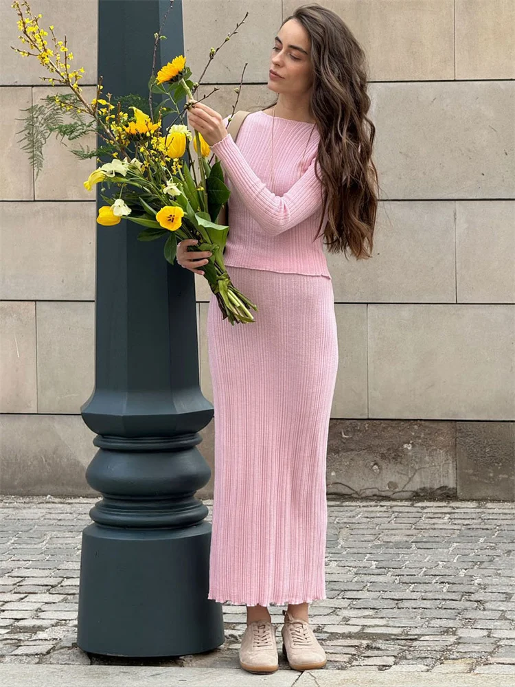 

2 Piece-Set women Knit Ribbed Long Skirt Women Ruffled Long Sleeve Pullover Top + High Waist Slim Maxi Skirt Knitwear Outfits