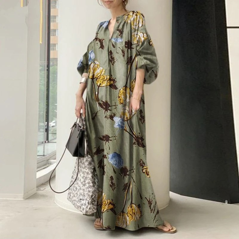 2026 Spring New Fashionable Chinese-Style Large Cotton and Hemp Printed V-neck Simple Loose Casual Long Dress for Women