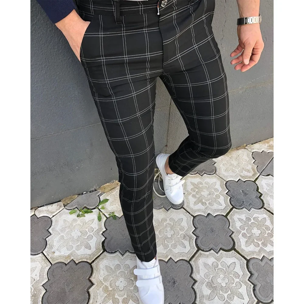 Plaid Social Slim Fit Trousers Mid Waist Skinny Business Wrinkle-Resistant Flat-Front Chino Pants Men Casual Pants