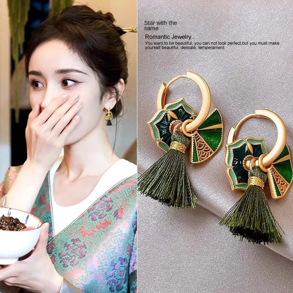 Enamel Drop Glaze Fan Hanfu Tassel Earrings Dangle Earrings Chinese Antique Style Cheongsam Tassel Ear Hooks Green Color