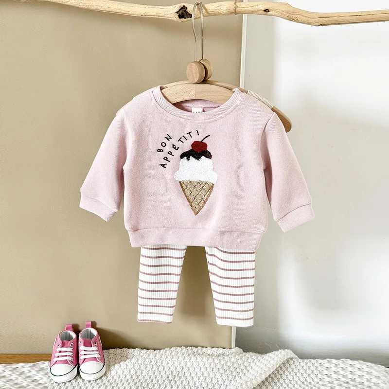 New Spring and Autumn Baby Outfit: Sweet Ice Cream Appliqué Round Neck Sweatshirt and Striped Pants Children's Set