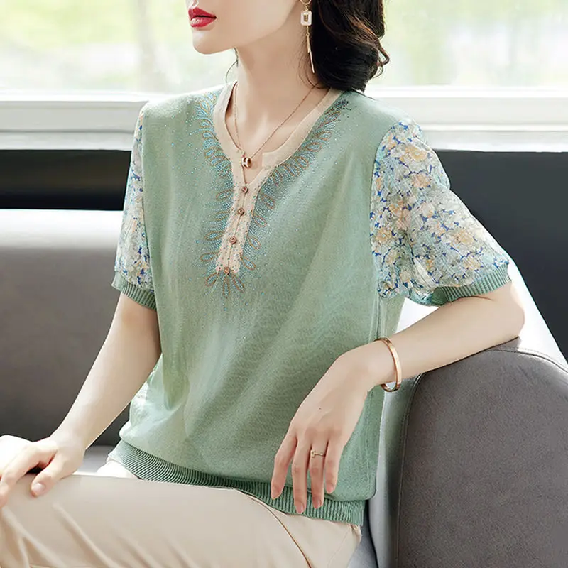 

New Summer Women's Splicing Contrast Color O-Neck Short Sleeve Loose Knitted Classic Pullovers Diamonds Fashion Casual Tops