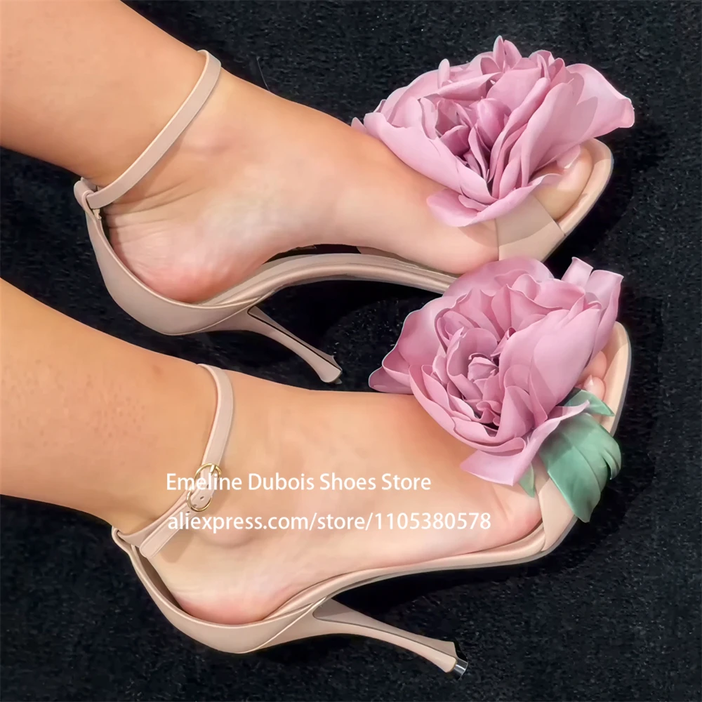 

Nude 3D Flower Applique Stiletto Heel Sandals Open Toe Ankle Strap Buckle Thin High Heel Sandals Elegant Summer Wedding Shoes