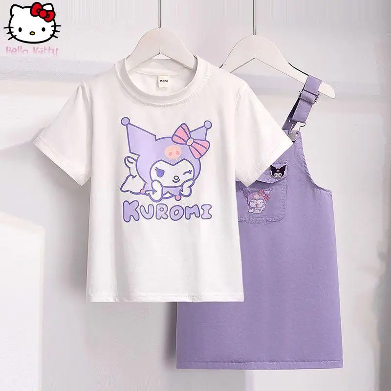 

Kuromi Girls Comfortable T Shirt Strap Skirt Suit Kawaii Cartoon Summer New Anime Short Sleeved Dress Fashionable Breathable