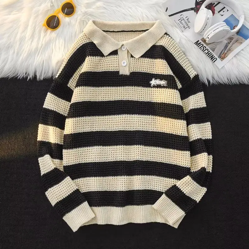 

Ретро-поло с лацканами в полоску, мужской свитер контрастного цвета для колледжа, свободный и универсальный