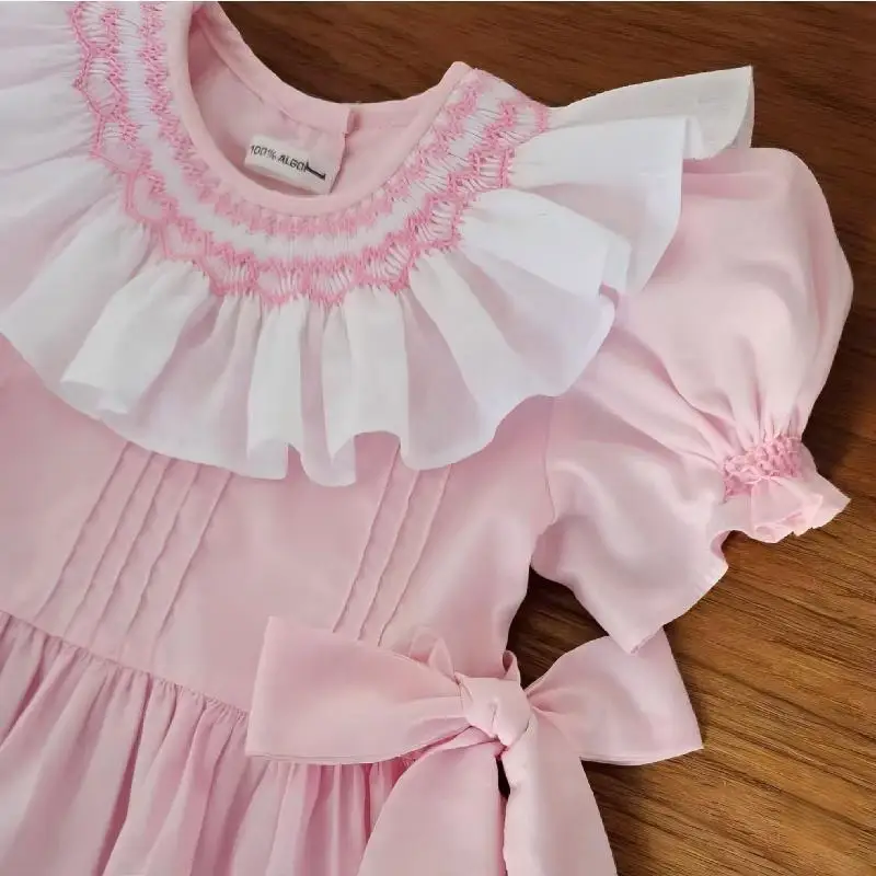 0-12Y Baby Girl Summer Pink Handmade Embroidery Smocked Vintage Princess Dress for Birthday Photography Holiday Eid A260