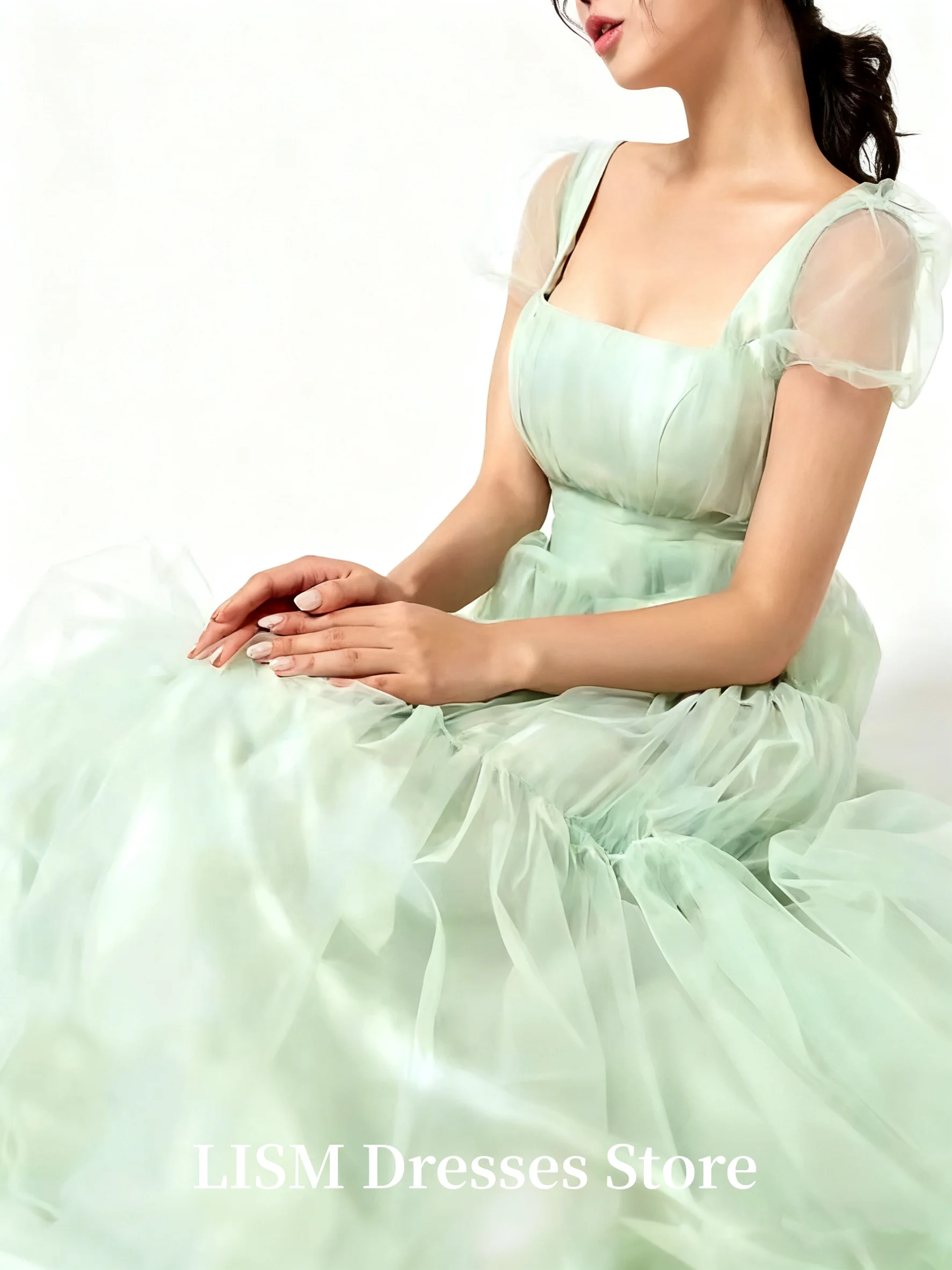 Lism hortelã verde coreia vestidos de noite sessão de fotos gola quadrada tule macio lindos vestidos de baile personalizados ”. espartilhos