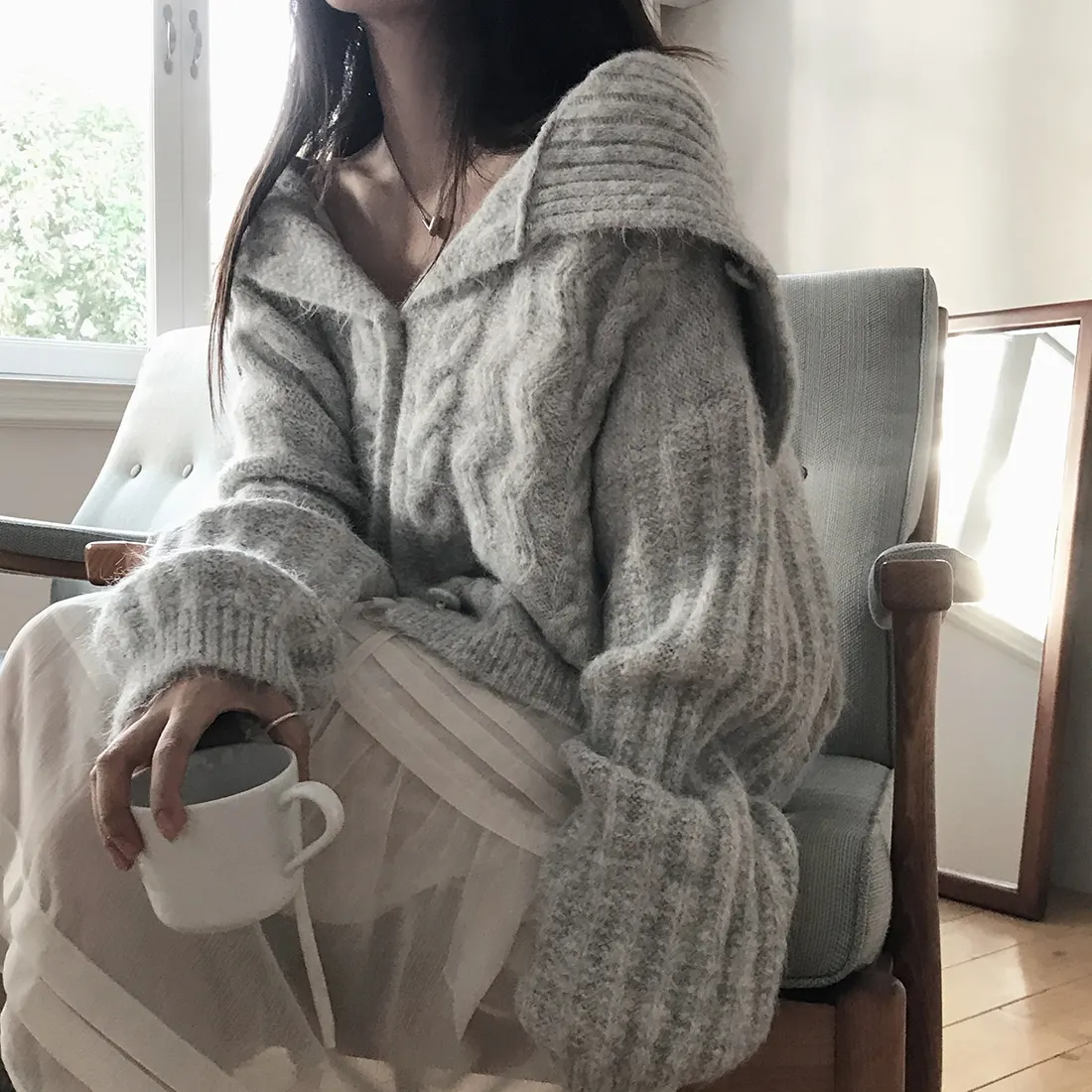 

Women's Chic Autumn Winter Knitted Sweater Long Sve Navy Collar Thi Needle Soft Cozy Open Cardigan Top Retro Twist Lazy ...