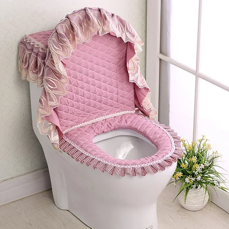 3Pcs/Set Gold Velvet Lace Toilet Seat Cover Set U-Shaped Bathroom Toilet Mat & Tank Cover Home Decor