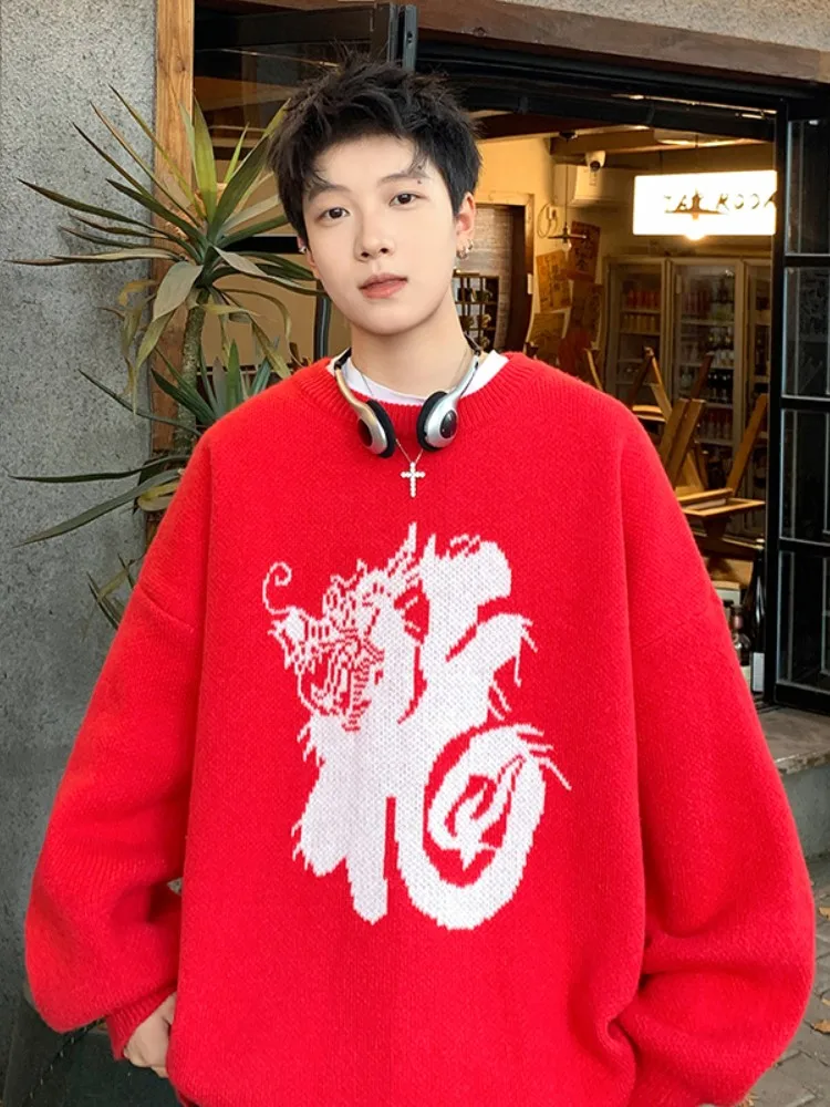 

Красный вязаный свитер мужской, весенне-осенний, комфортный, теплый, вязаная одежда, коллекция «Год Дракона», повседневный свободный крой, длинный рукав