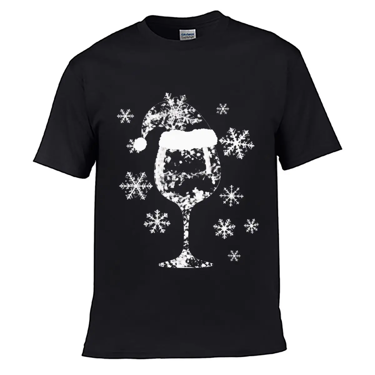Christmas Santa Wine Glass Snowflakes Graphic Solid Washed Vintage Tee Distressed Loose