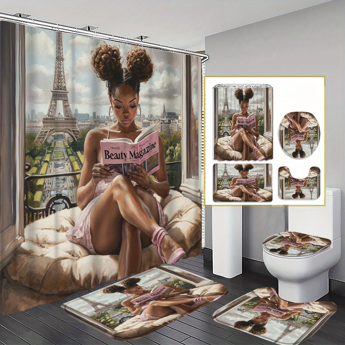 

4pcs French Paris Eiffel Tower Fashion Magazine Playful Girl Pattern Shower Curtain Set Bathroom Curtain, Bathroom Decor