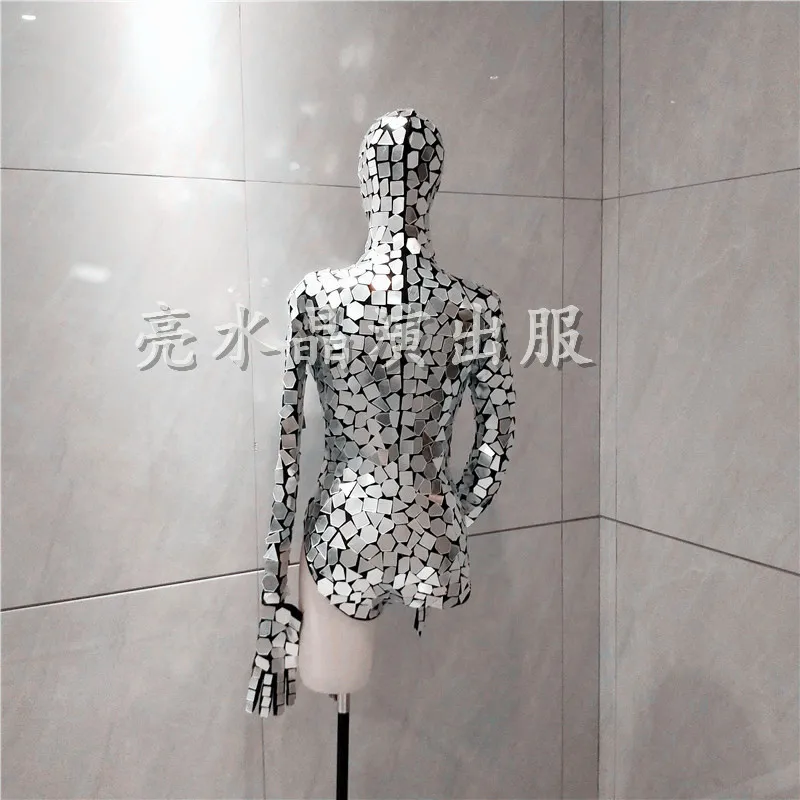 Wysokiej jakości kombinezon barowy GOGO z wysokim rozcięciem, seksowny, srebrny, europejsko-amerykański kostium sceniczny z cekinami i efektem lustra, yk