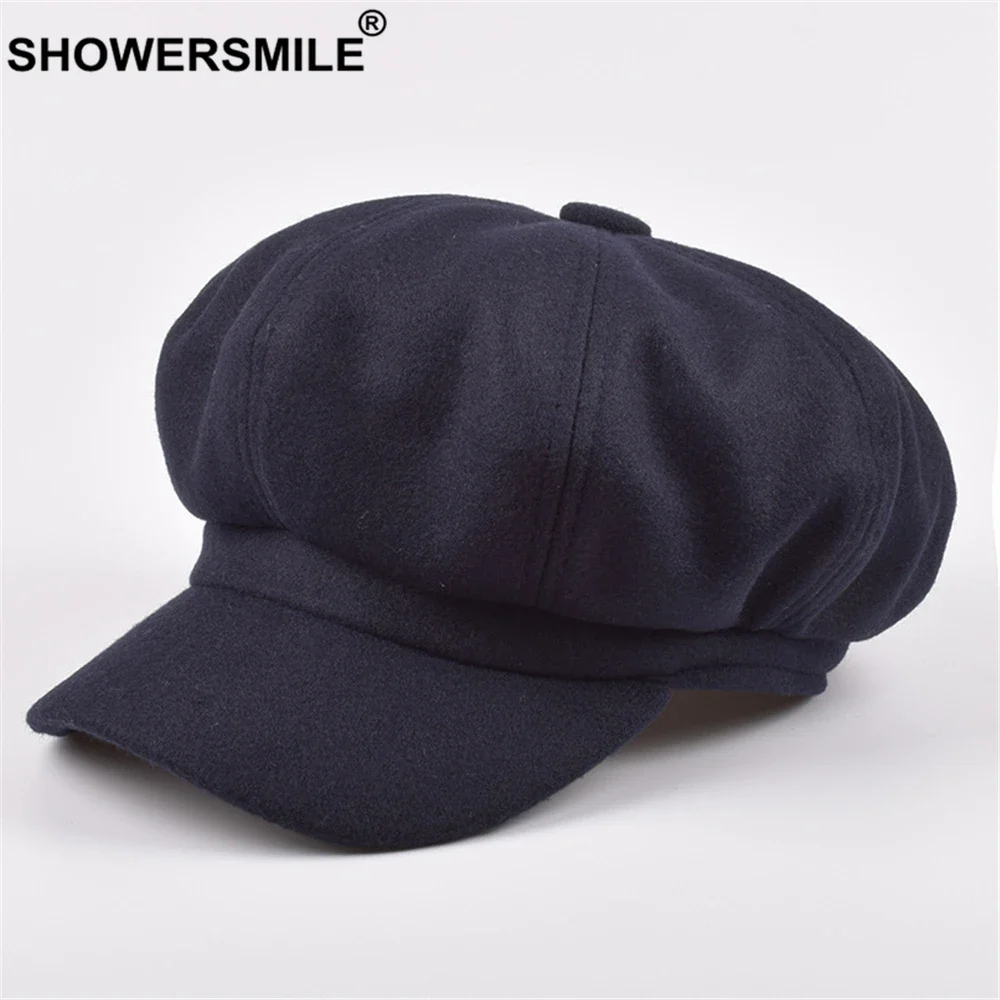 SHOWERSMILE Female Beret Wool Newsboy Cap Red Hats for Women Khaki Ladies Baker Boy Hat Autumn Winter Vintage Octagonal Cap