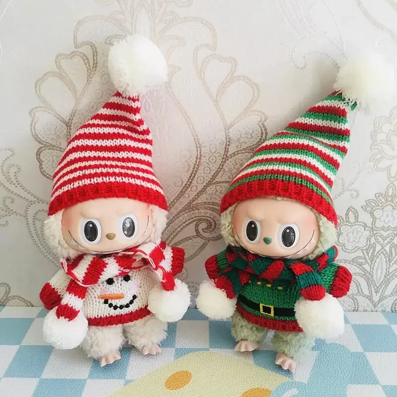 Para ropa de muñeca de tela labubu de 17Cm, colgante, sombrero de muñeco de nieve de Navidad, bufanda, accesorios, ropa de muñeca para traje labubu