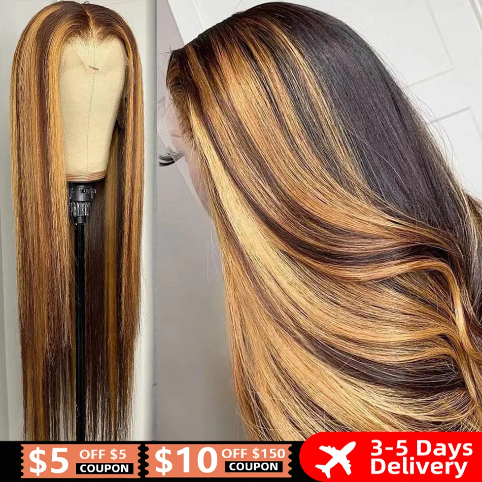 Honey Blonde 4/27 Colored Lace Front Human Hair Wig Highlight Brown Straight 13x6 Hd Lace Frontal Wig 100% Vietnamese Remy Hair