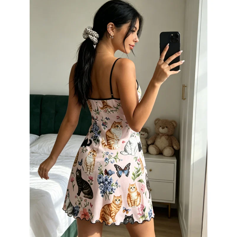 Women Summer Nightdress Spaghetti Strap Ruffle Trim Round Neck Home Loungewear Sleep Dress Cute Cat Floral Print