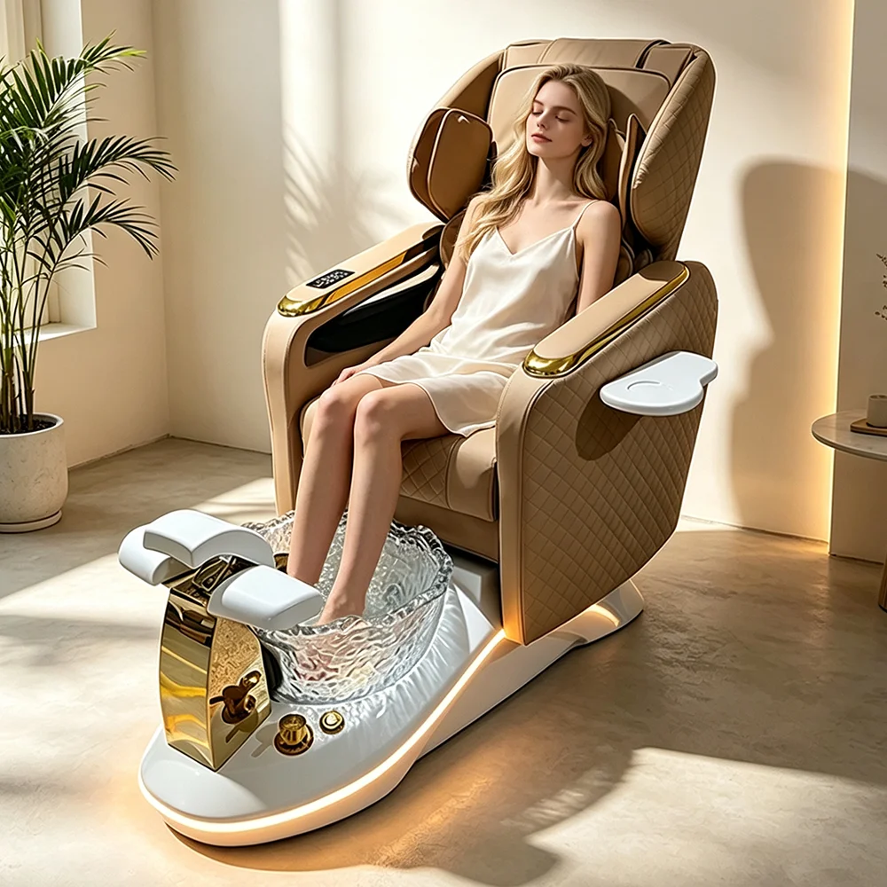 Electric Reclining Pedicure Chair Gold Frame LED Light Crystal Glass Foot Basin PU Leather Manicure Spa Sofa Salon Equipment