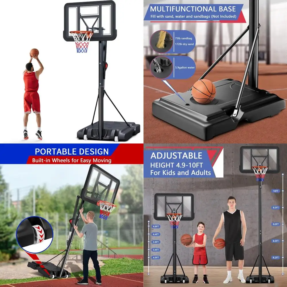 

adjustable height outdoor basketball hoop with heavy-duty steel frame and wheeled mobility for 5.5 to 10 feet courts