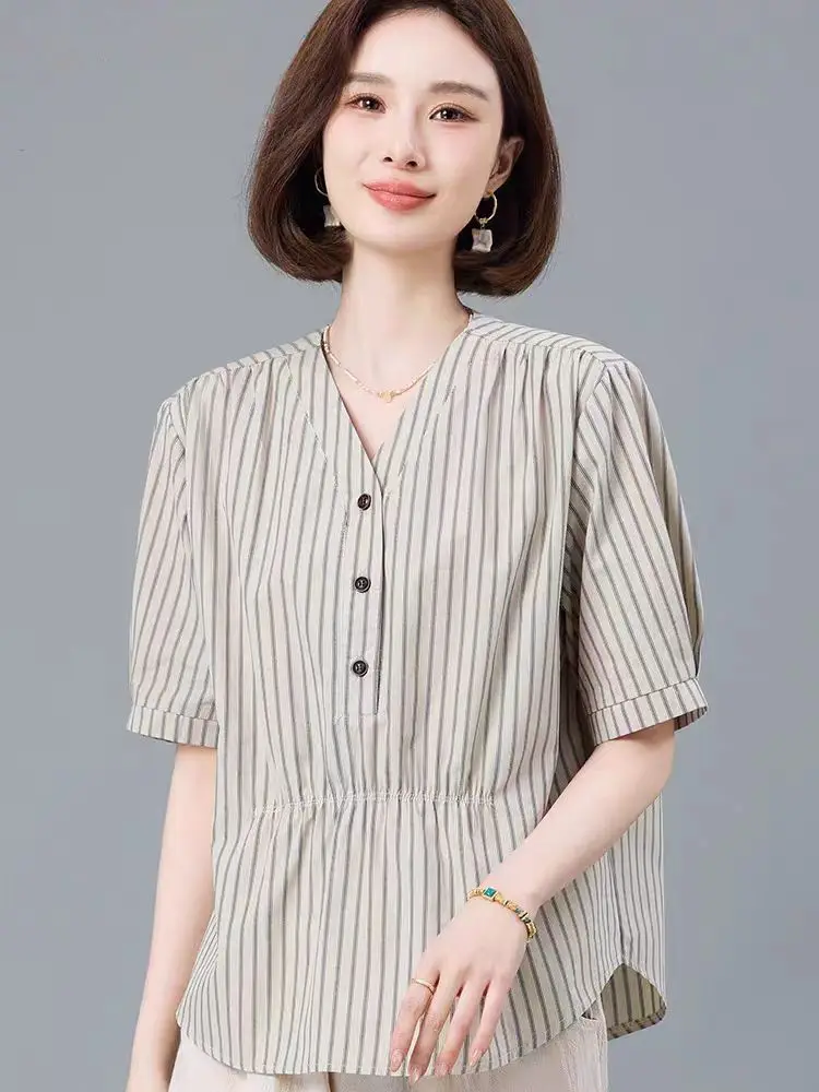 

Summer Cotton Short Sleeve V-Neck Loose Fit Shirt