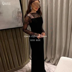 Qanz Formal Black Lace Evening Dresses Sheer Long Sleeves Mermaid Vestido Femininos Backless Satin Prom Party Gowns Customized
