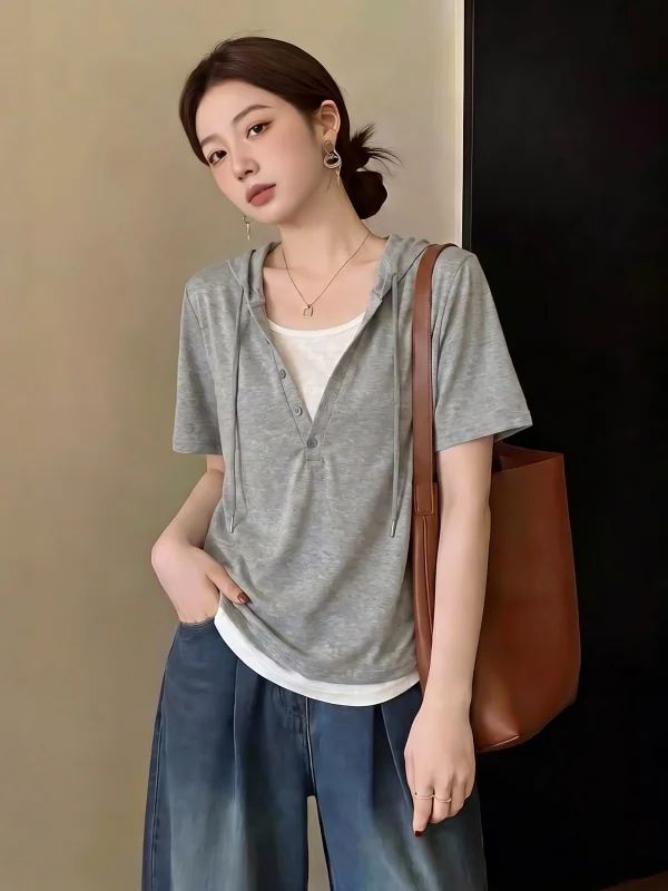 Hooded Sweatshirt Short Sleeve Thin Bamboo Cotton T-Shirt Women Summer New Style plus Size Loose Fit Korean Style Top