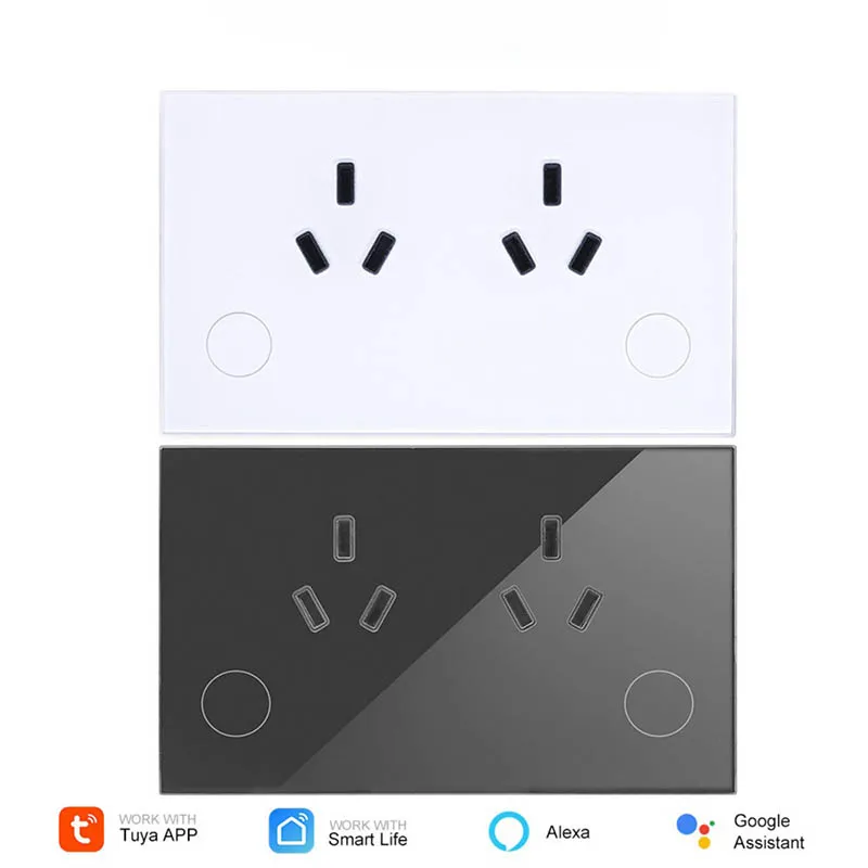 Aus Standard Tuya Wifi Smart Socket 15A Dual Plug Power Metering App Settings To Turn On / Off Background Light Glass Inteligent