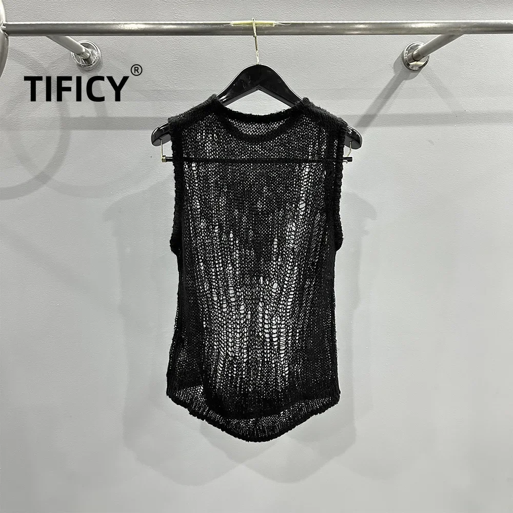 TIFICY High Street Sexy Women's Spring/Summer Dark Commuting Style Knitted Piercing Knit Tee with Small Tank Top Crop Top