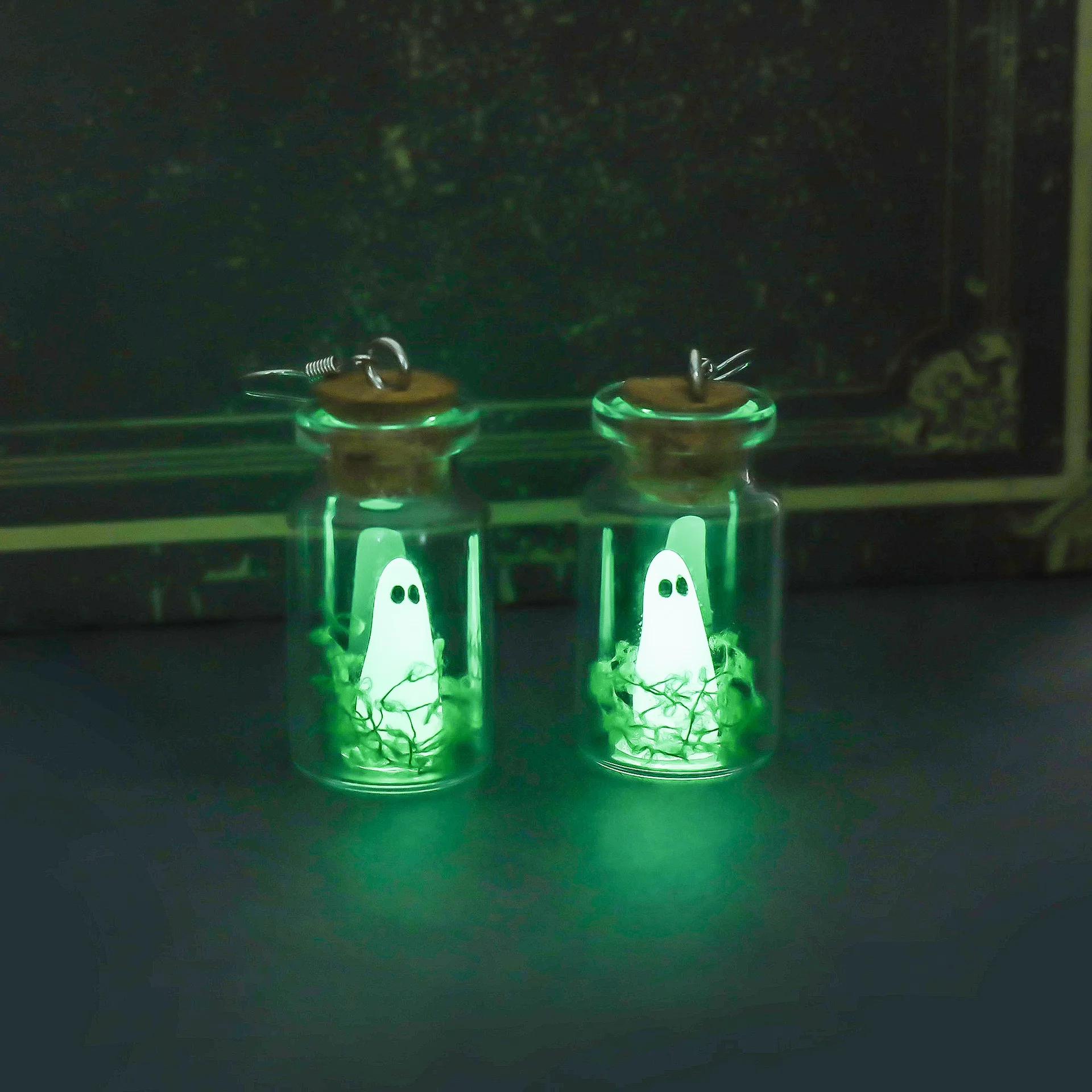 Halloween Adopt A Ghost Tiny Glow Earrings Cute Drifting Bottle Blue Green Luminous Ghost Drop Earrings Day of The Dead Jewelry