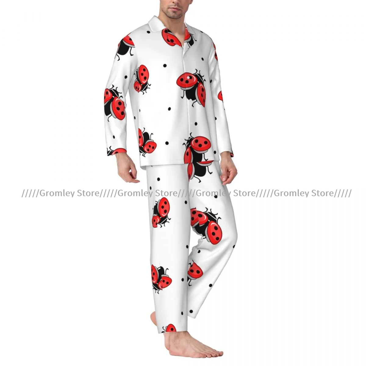 Conjuntos de pijama masculino joaninha silhueta pijamas manga longa roupa de dormir masculina