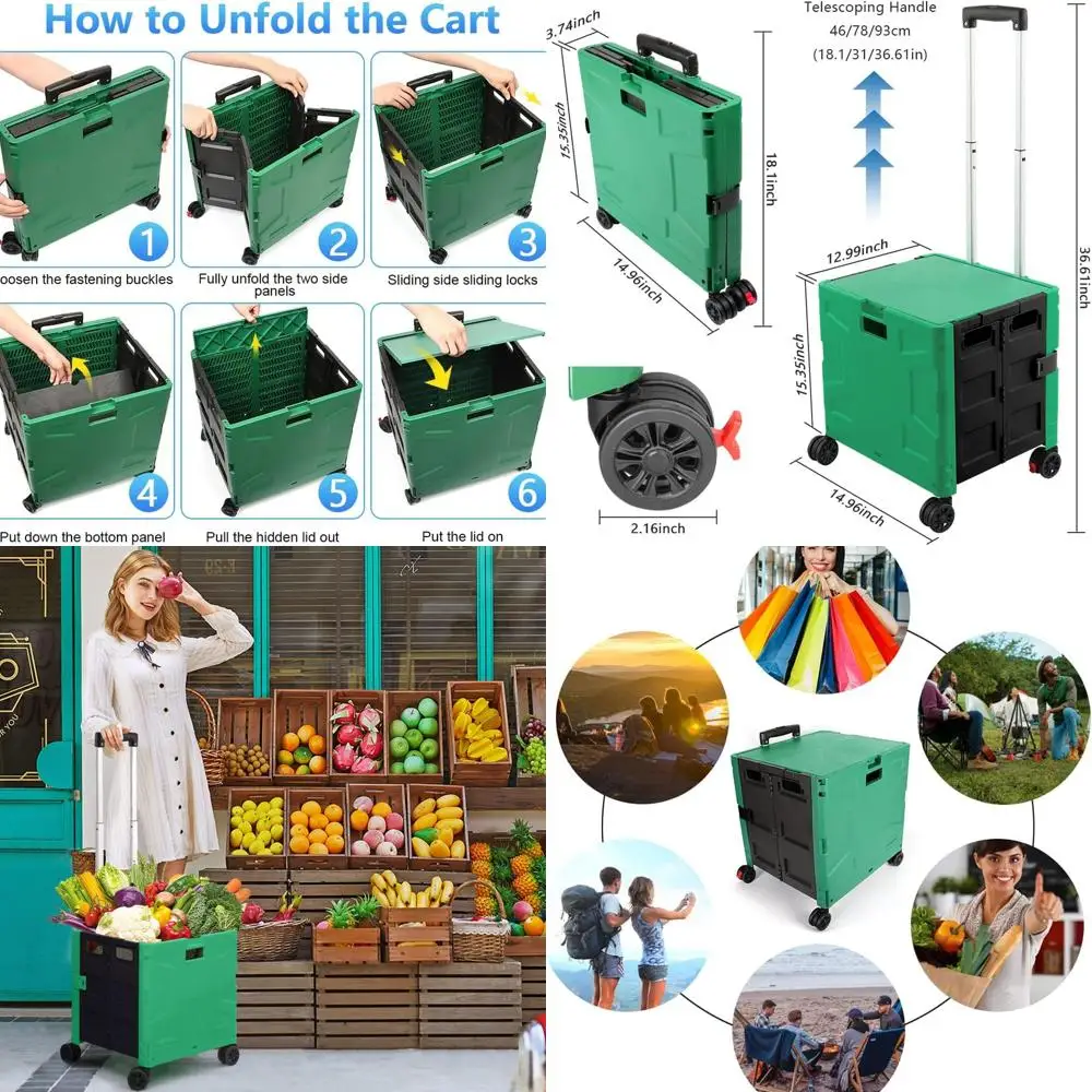 

Складная портативная складная тележка для покупок 360° ° Поворотные колеса со скрытой крышкой и телескопической ручкой для путешествий, покупок и