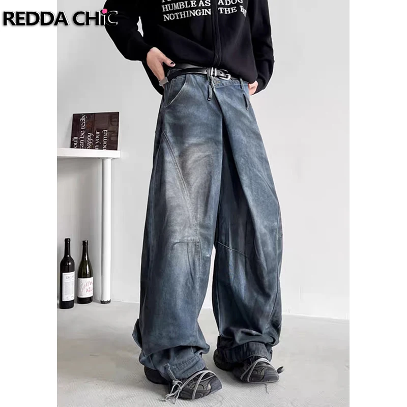 

REDDACHIC Dirty Wash Upside Down Baggy Jeans Men Vintage Spliced Pintuck Distressed Low Waist Denim Wide Pants Hiphop Streetwear