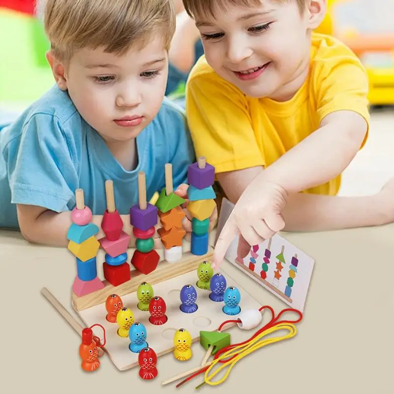 Ensemble de jouets de séquençage de perles en bois Montessori, jouets assortis, couleurs saillantes, empilage, apprentissage perlé