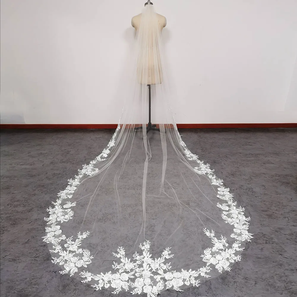 Real Photos Wedding Veil with Bling Sequins Lace Appliques 3M Long 1.5M Wide One Layer Bridal Veil with Comb Wedding Accessories