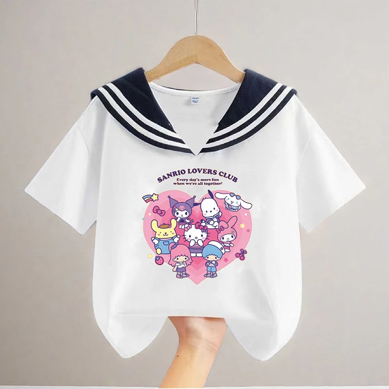 

Kawaii Kuromi Girls Short-Sleeved Navy Collar T-Shirt Sanrioed Anime Summer Sweet Cute Cartoon Children Loose Thin Tops Kid Gift