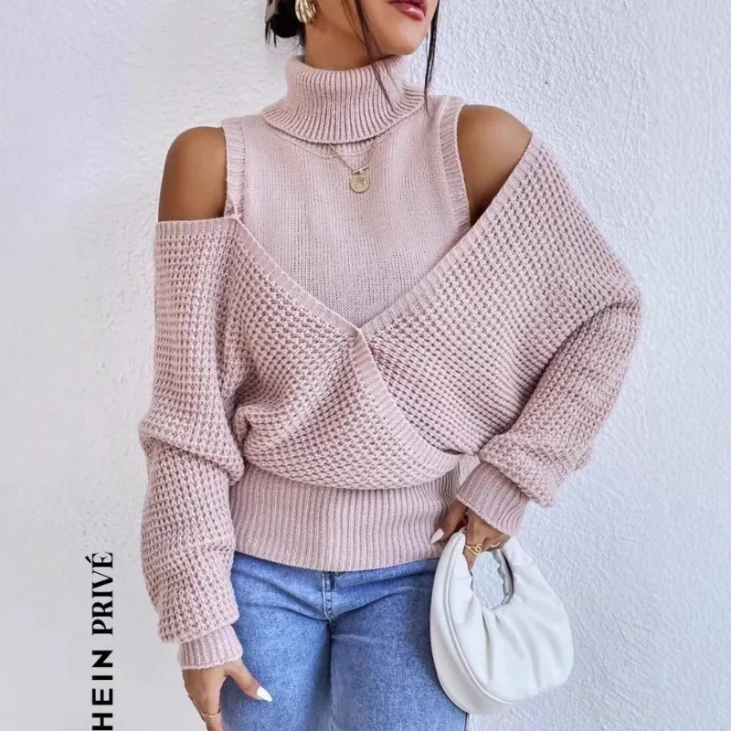 

Autumn and Winter Turtleneck Off-the-shoulder Sweater High-end Sense Knitted Double-layer Design Sense Women's Clothing