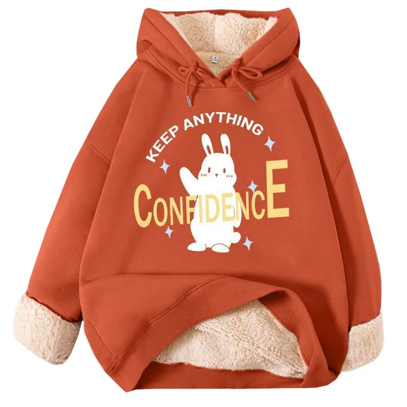 Felpa con cappuccio arancione Casual ragazza studente autunno inverno velluto composito tenere in caldo felpa stampa fiducia coniglio Pullover femminile