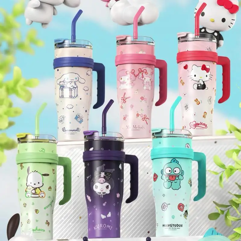 

1200ml Sanrio Big Mac Ice Cream Cup Cute Cartoon Hello Kitty Kuromi Cinnamoroll Melody Stainless Steel Water Bottle Roll Straw