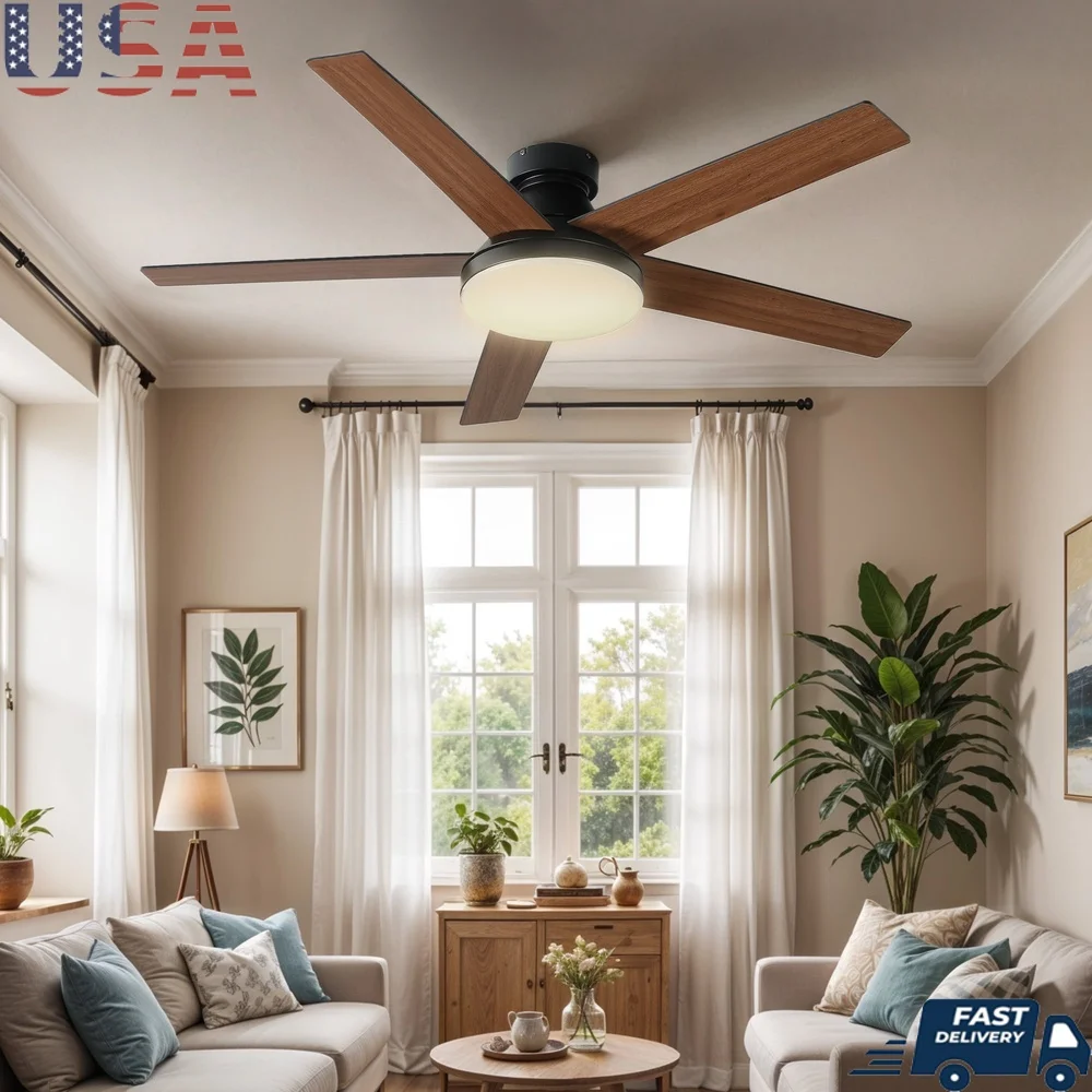 

52 Inch Flush Mount Ceiling Fan with Remote Control 5 Blades LED Light 3660 CFM Airflow Quiet Operation Timer Indoor Outdoor