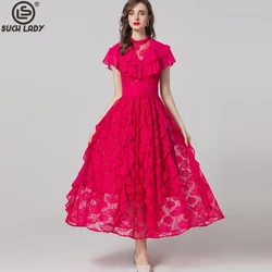 Women's Dress O Neck Short Sleeves Ruffles Lined Embroidery Lace Patchwork Elegant Designer Runway Vestidos