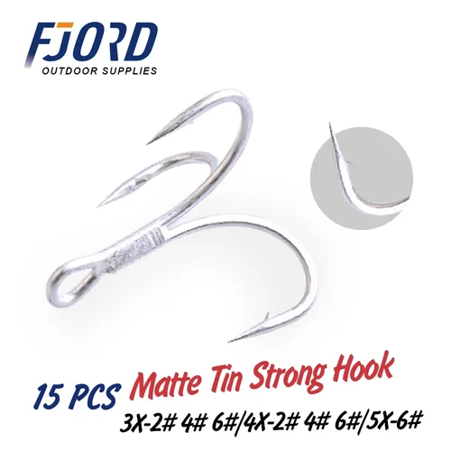 Imagen 1 del producto FJORD 3X 4X 5X 15 piezas anzuelo triple fuerte acero alto en carbono anzuelo de pesca de agua salada marina accesorios de artículos de pesca de alta calidad
