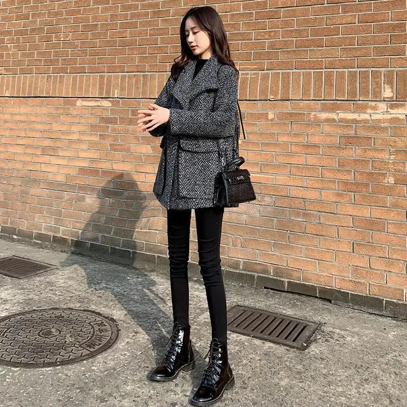 Warm Loose Women's Tweed Blazers Winter Black Plaid Check Female Wool & Blend Coats and Jackets Velvet Outerwear Modern Bags