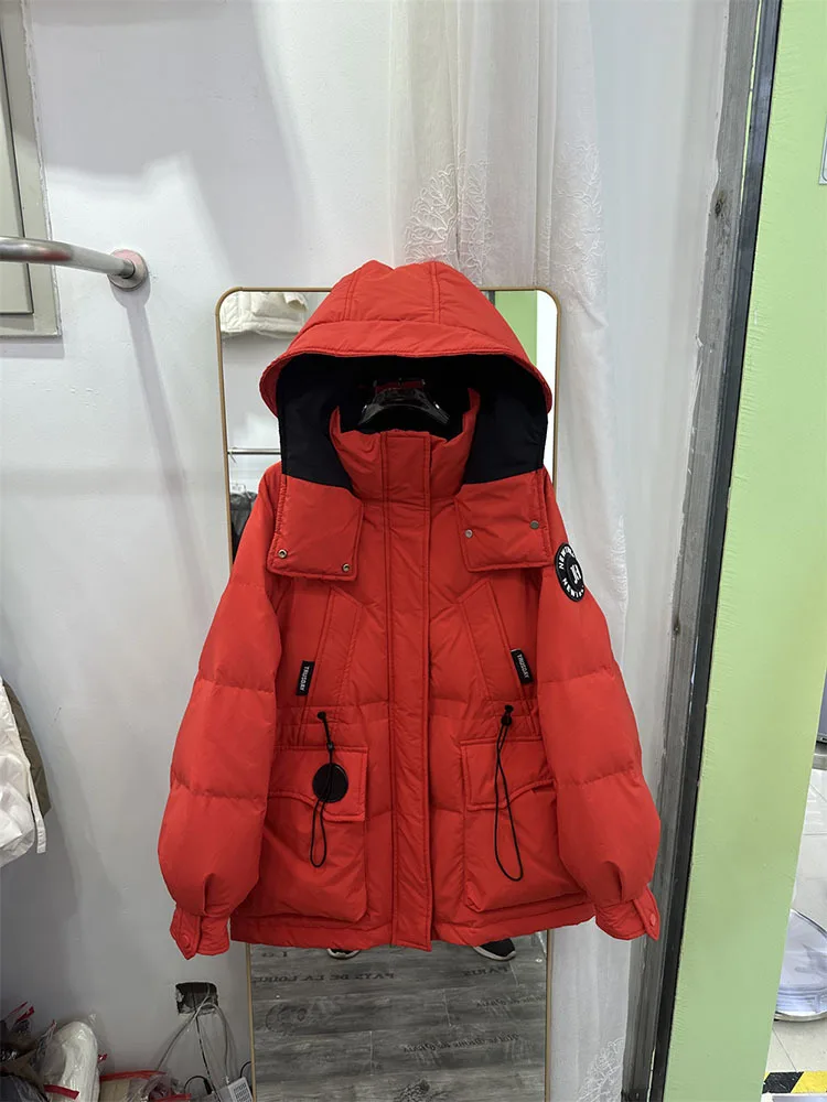 2023 Streetwear White Duck Down Jacket Warm Coat Mid-Length Solid Hooded Full Sleeves Zipper Feather Jackets Winter Women Korean