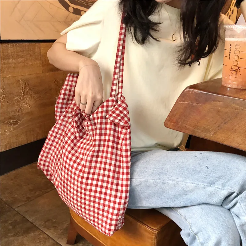 

Summer New Red And White Plaid Girl Heart Knot Bag Korean Version Artistic Women's Bag Trendy Street Cool Style Unisex